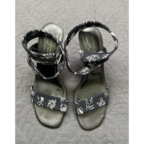 Donald Pliner Couture Sandal Shoe Crepe Elastic Ankle Wrap Black White SZ 8.5M - Picture 1 of 14